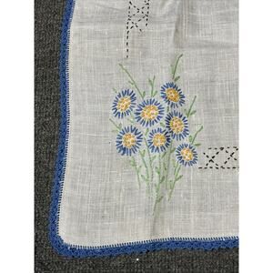 Vintage Blue Crochet Embroidered Linen Tablecloth – 32x33” Square